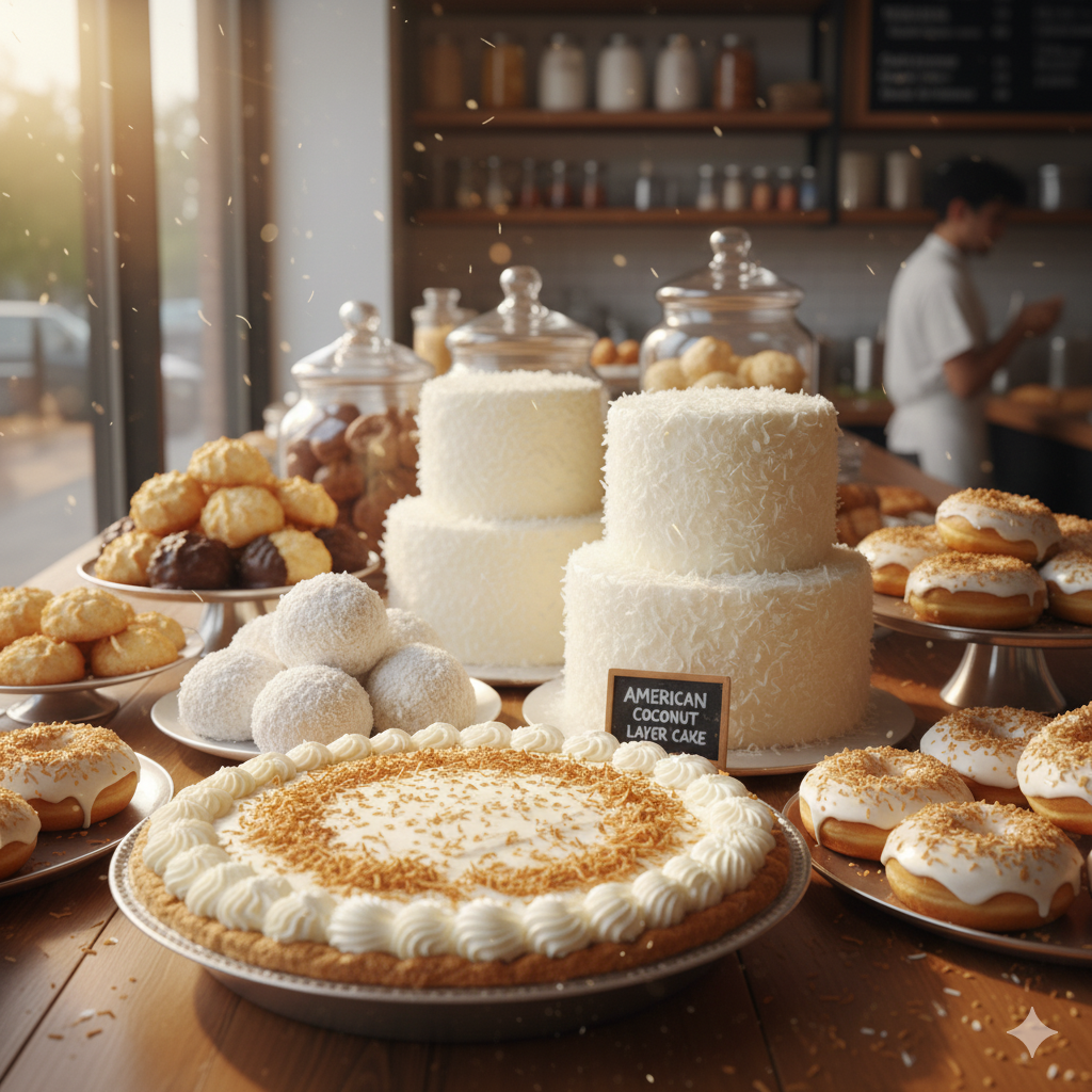 High-quality desiccated coconut flakes in a wooden bowl with fresh coconuts, perfect for bakeries and confectioneries in the U.S. market.