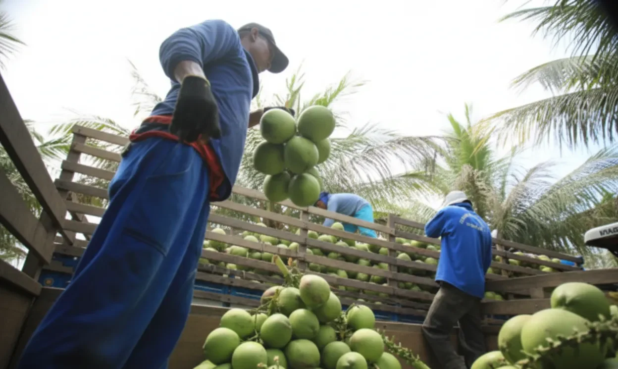 Indonesian farmers harvesting coconuts sustainably for export to American homes