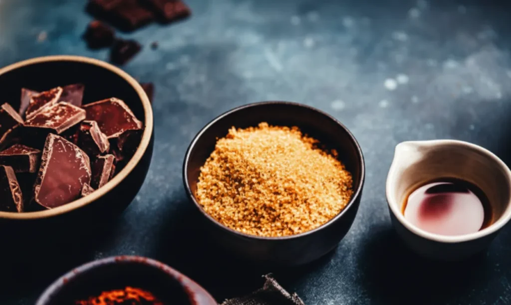 Organic coconut sugar granules in a wooden bowl beside fresh coconuts